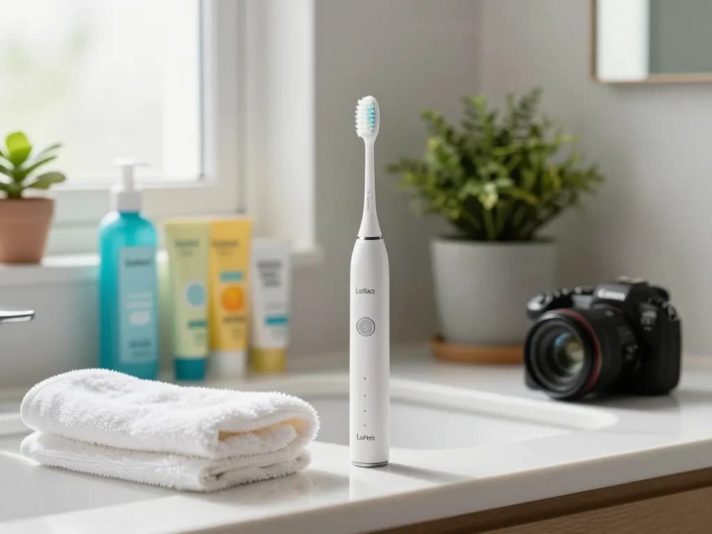 Laifen electric toothbrush showcased in a modern bathroom setting with eco-friendly dental care products.