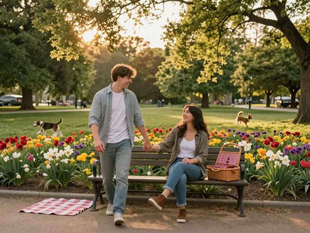 Couple enjoying a moment in the park, highlighting their crush on each other