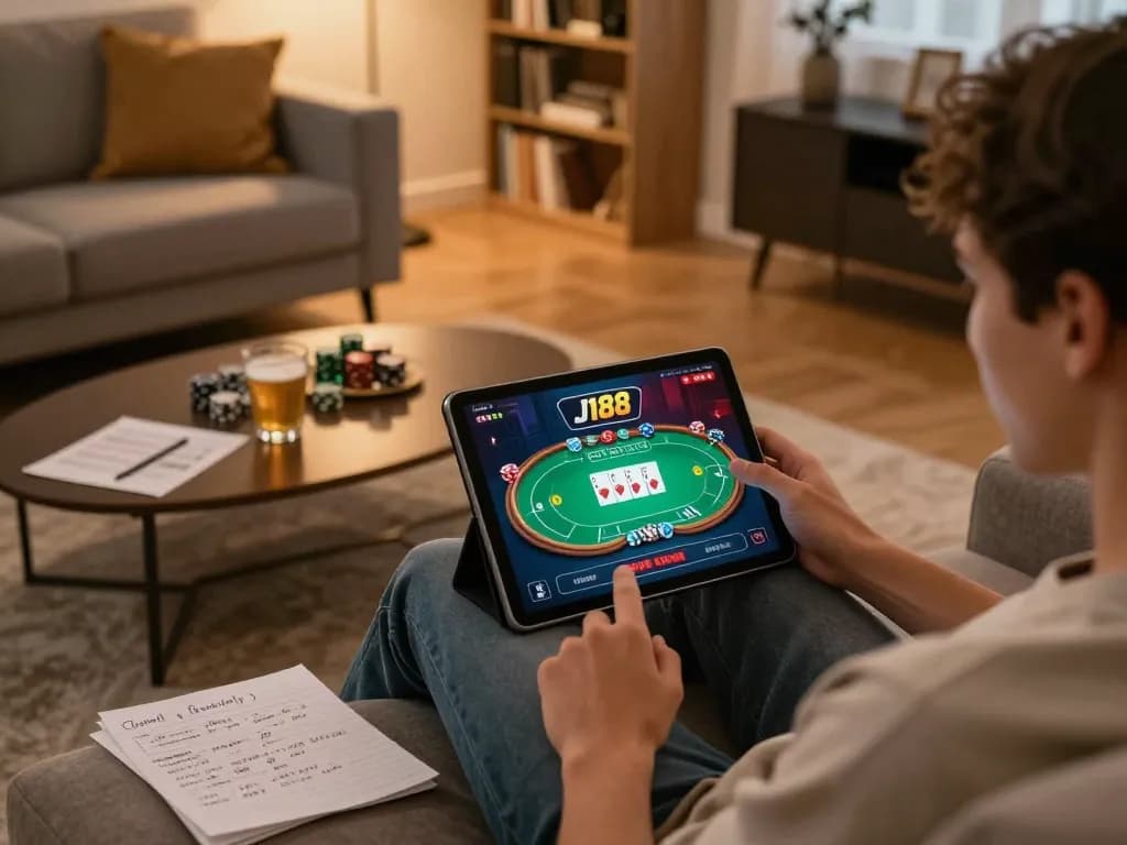 Player engaging with j188 casino app on tablet in cozy home setting with strategy notes and warm lighting.