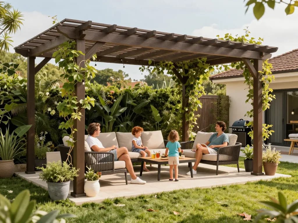 Family enjoying a newly designed outdoor pergola using Pergola Sales Software for real-time configuration and visualization.