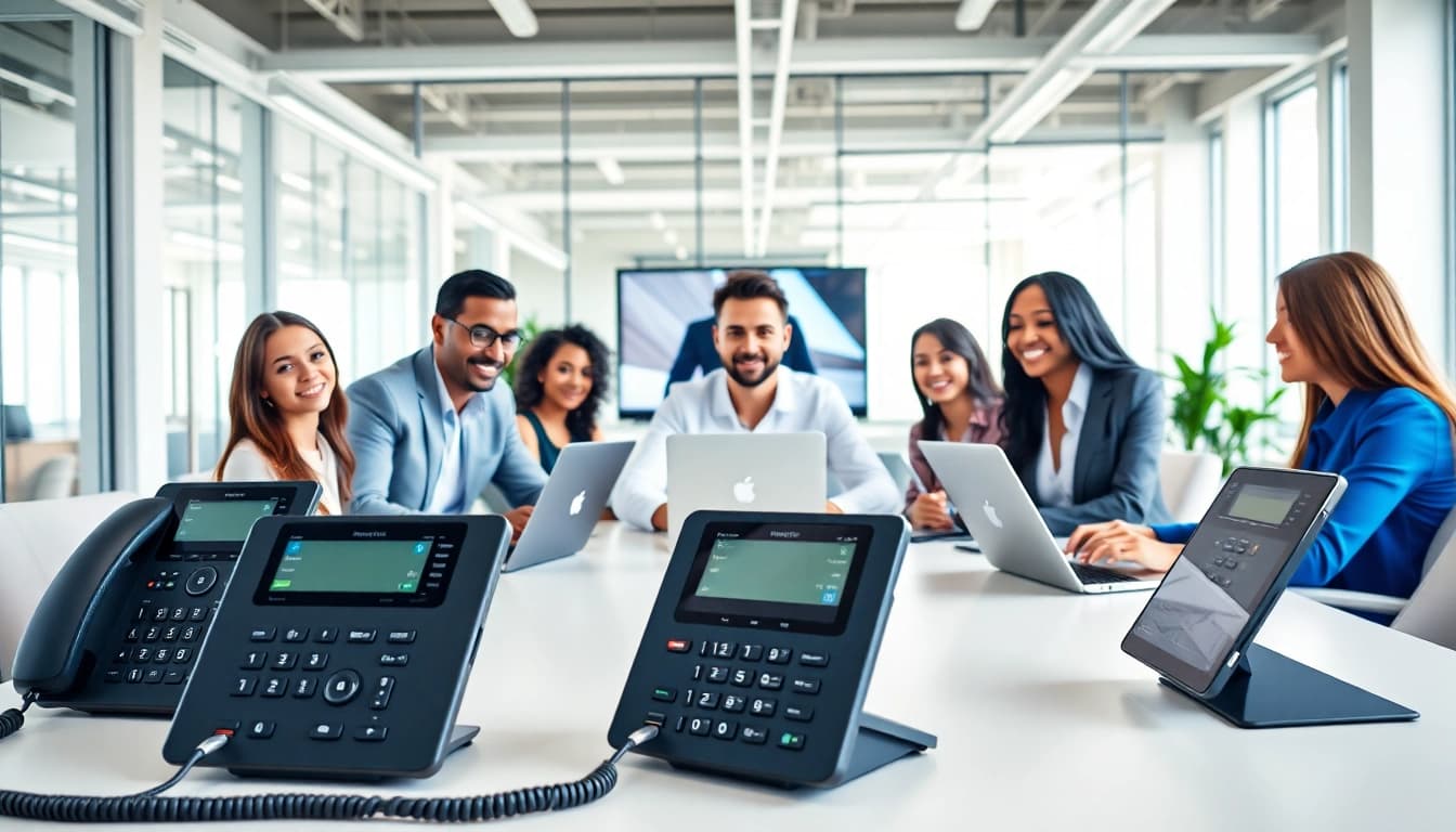 Showcase the best business phone providers in a modern office setting with a diverse team collaborating.