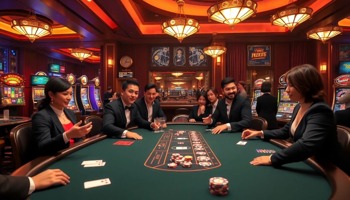 Experience the excitement of DEBET trang chủ with vibrant tables and passionate players in a luxury casino.