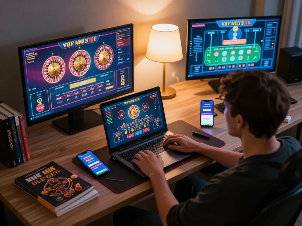 Experience online gaming at https://rr88.com.se/ with a person engaging in strategic casino gameplay at home.