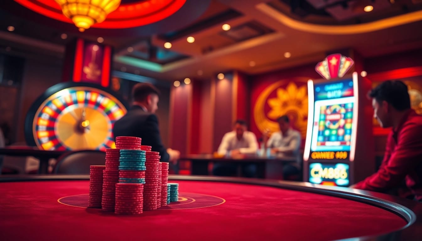 Experience high-stakes action with CM888 at a vibrant casino table filled with cards and chips.