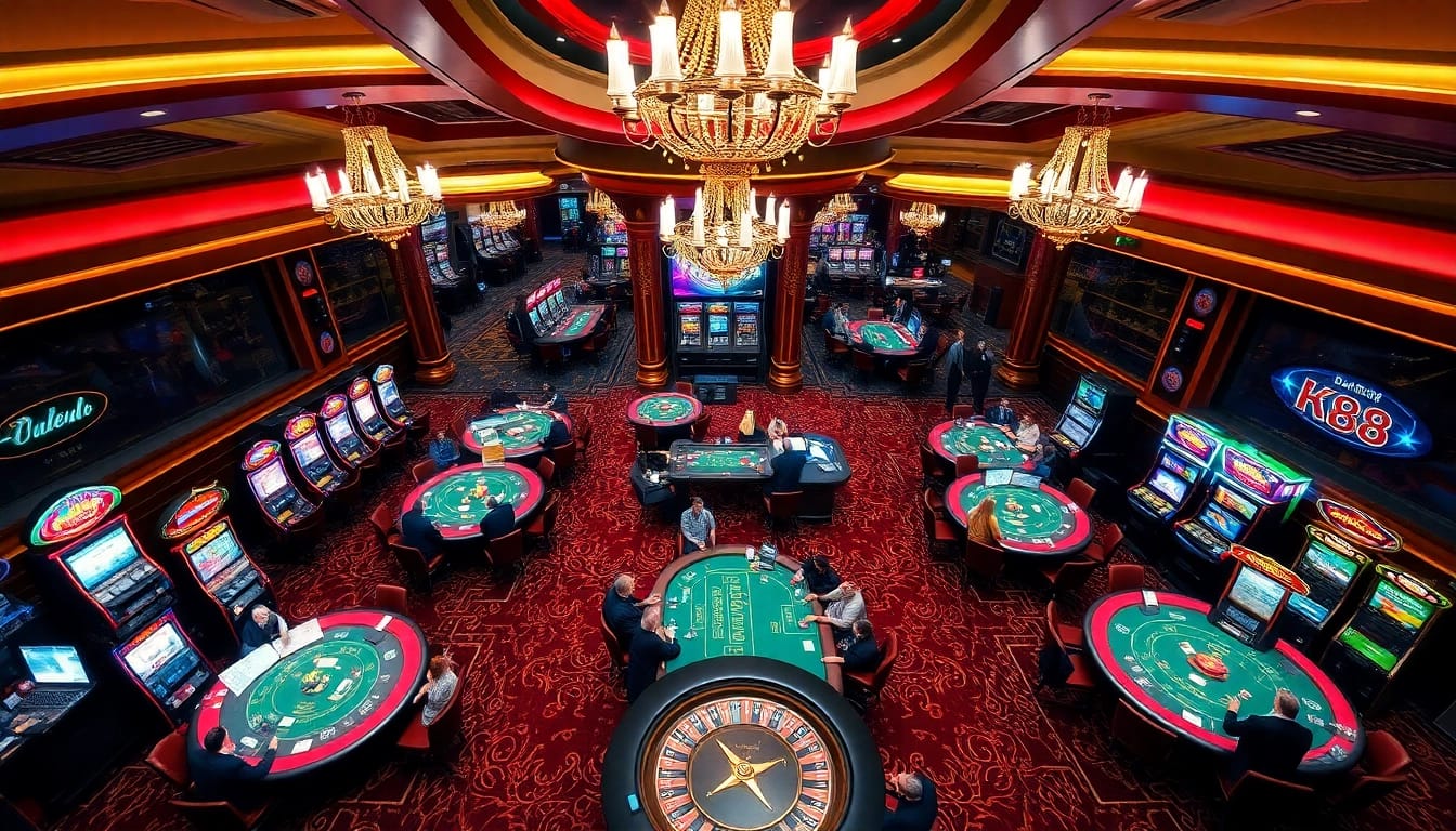 Engage in thrilling games at ku88 Casino with vibrant slot machines and poker tables.