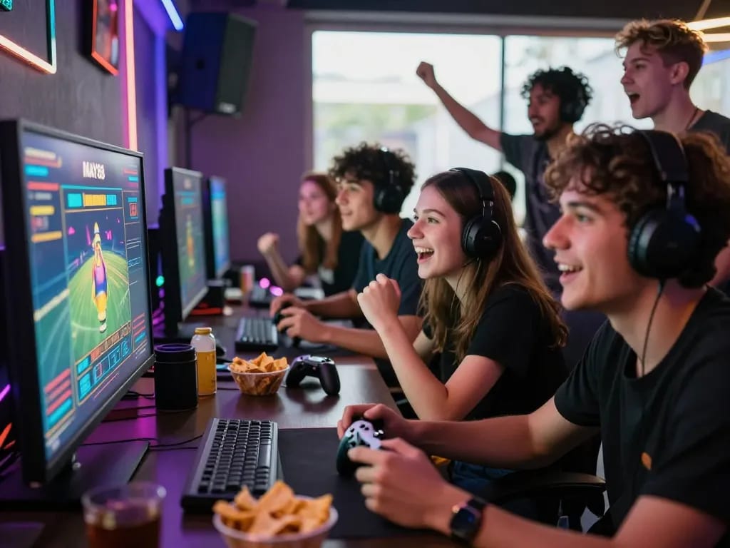 Friends enjoying an exciting live betting event on MAY88, showcasing a dynamic gaming atmosphere.