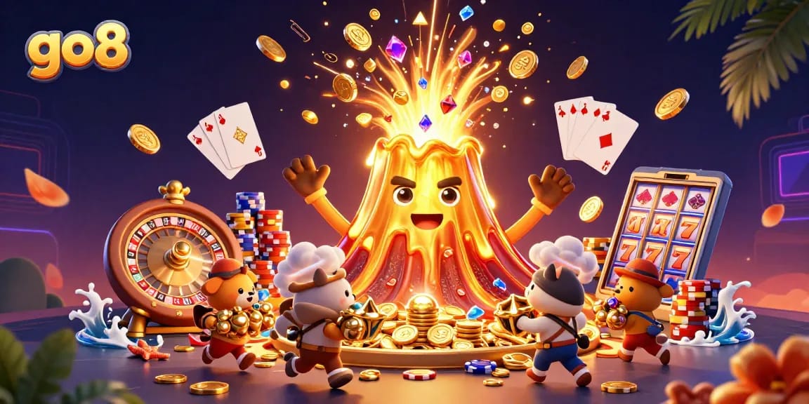 Experience the thrilling eruption of treasure at go8's shining golden volcano in this vibrant digital casino art.