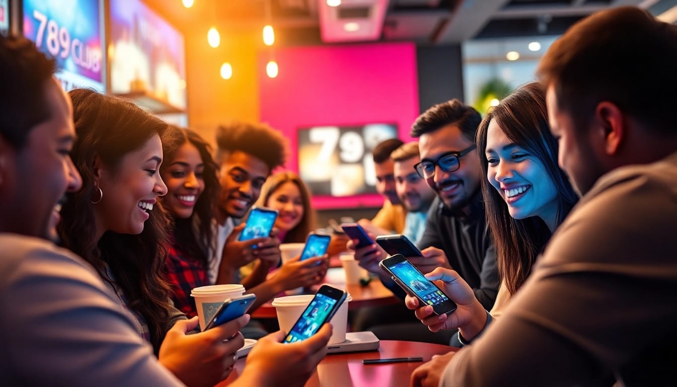 Tải game 789 Club displayed on smartphones as users enjoy gaming at a trendy café.