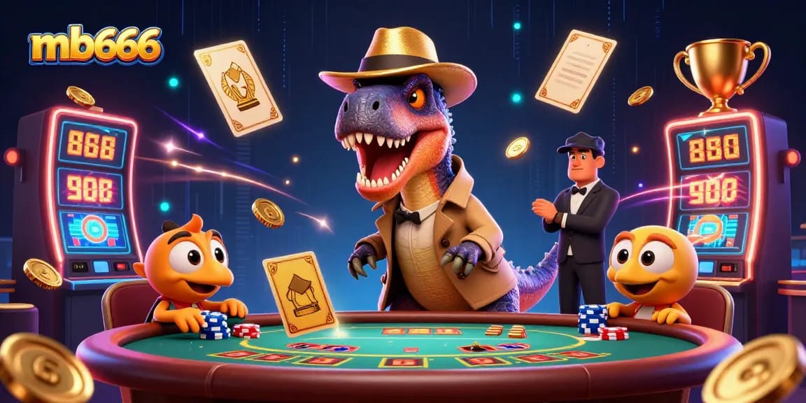 Experience thrilling gameplay with mb666 featuring a velociraptor card counter amidst a bustling casino scene.