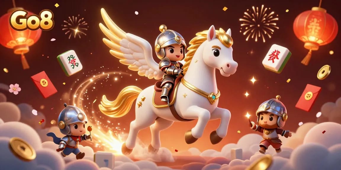Play thrilling games at Go8 casino with a vibrant 3D scene featuring a celestial steed and exciting decor.