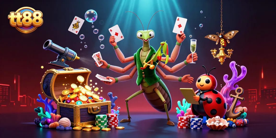 Engage with tt88's vibrant casino atmosphere featuring a 3D mantis card sharp, ladybug pit boss, and underwater treasures.