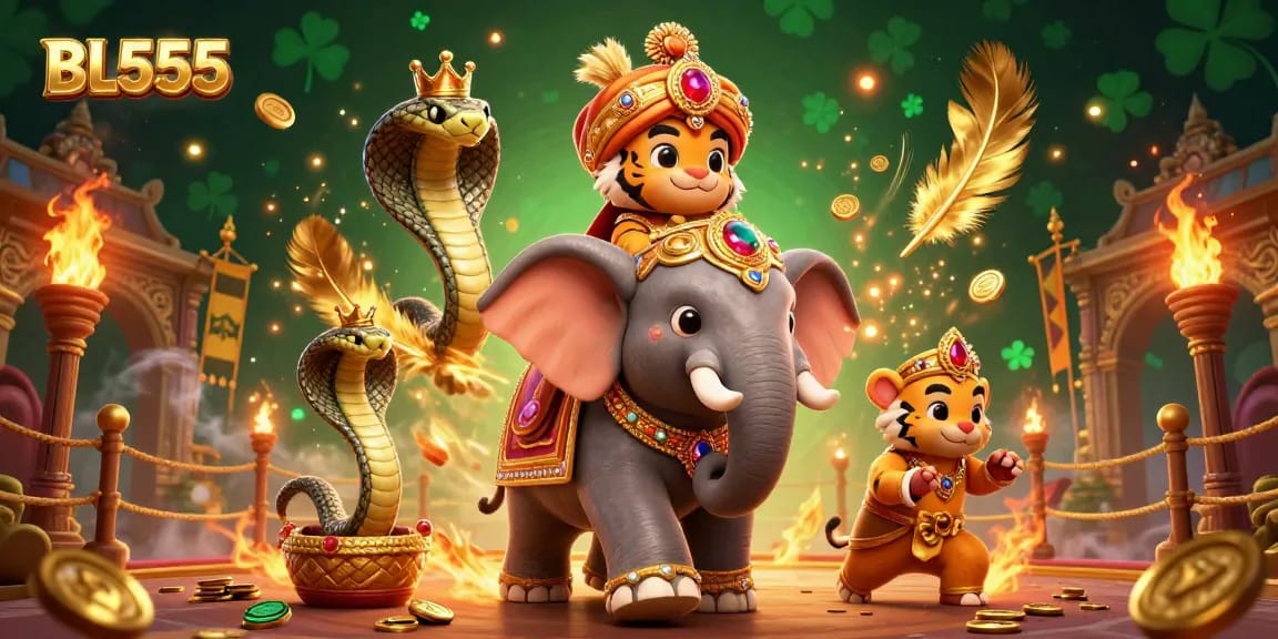 Experience the vibrant energy of BL555's 3D illustration, featuring a maharaja tiger and golden elements in an exciting casino scene.