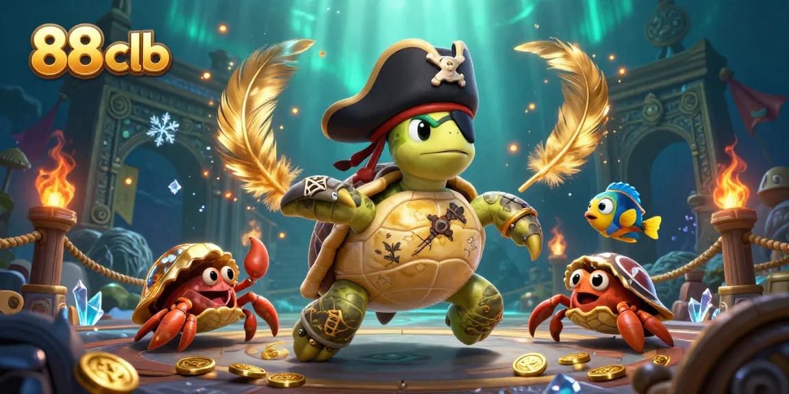 Engage in thrilling adventures with 88 clb, featuring a pirate turtle and treasures in a rich casino scene.