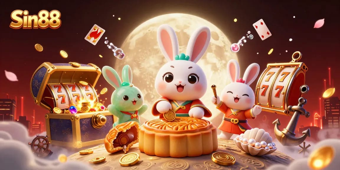 Sin88 engages players with vibrant slot reels and golden mooncakes amid enchanting lunar scenery.
