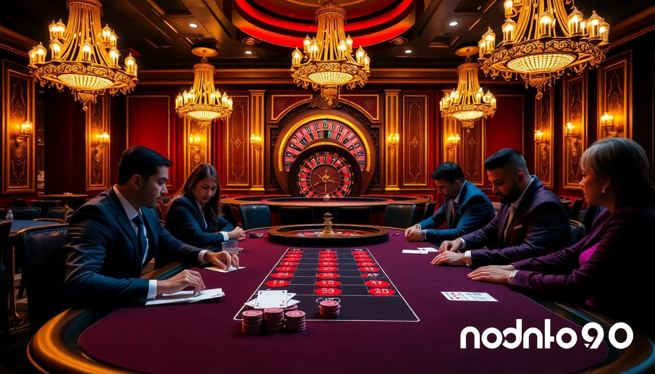 Nohu90 players strategizing at a luxurious poker table in a vibrant casino atmosphere.