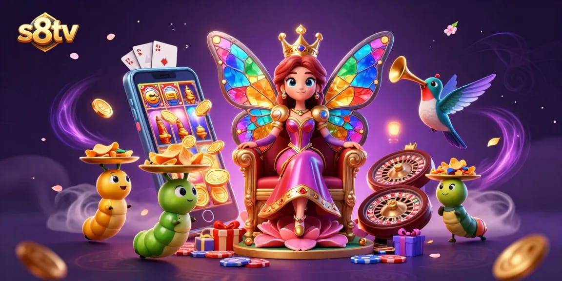 Join the excitement with s8tv in a vibrant casino scene with animated characters and games!