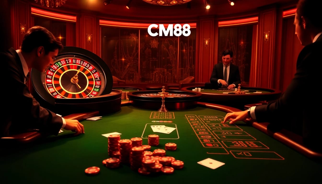 A thrilling gambling scene showcasing cm88.men with a vibrant roulette wheel and poker chips.