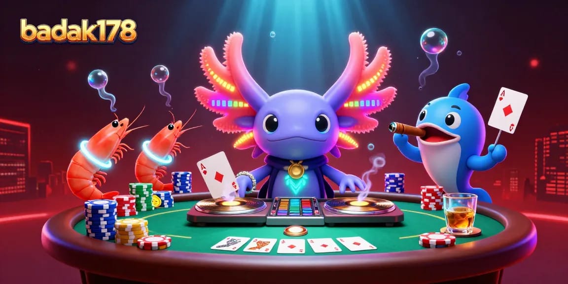 Spin and win with badak178 at the vibrant poker scene with axolotl DJ and friends.
