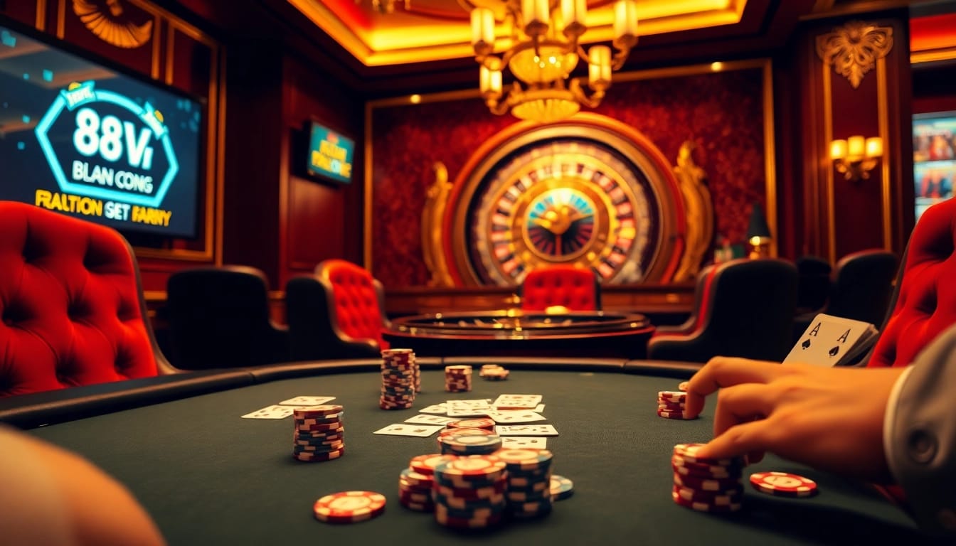 Experience high-stakes gaming at https://88vn.cn.com/ with a luxurious poker table and roulette wheel.