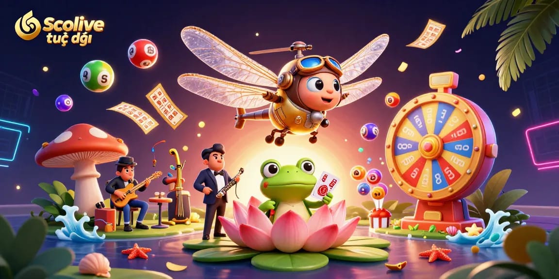 Socolive trực tiếp showcases a dynamic casino scene with cartoon characters and colorful lottery elements, engaging bettors.