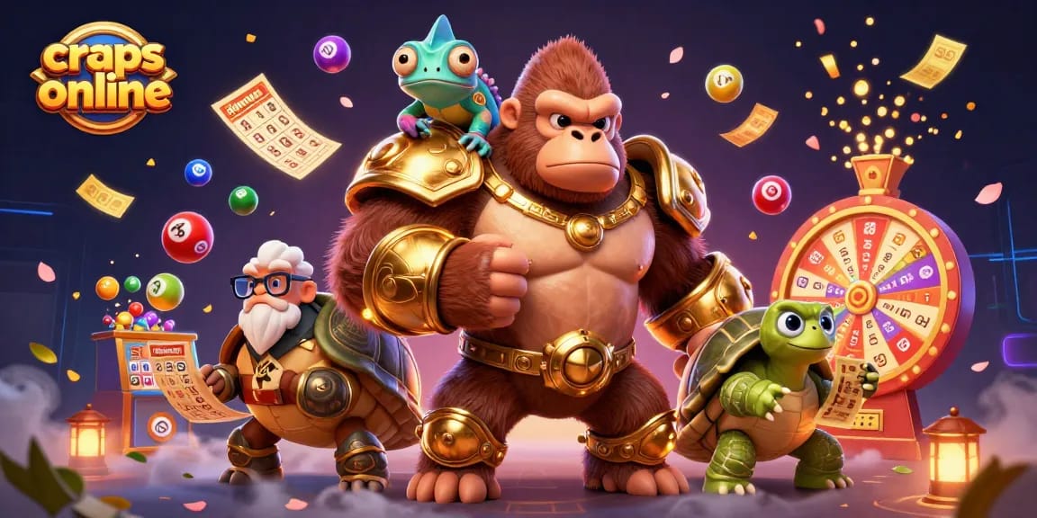 Experience craps online with a 3D gorilla king, chameleon, and tortoise amidst vibrant gaming elements.