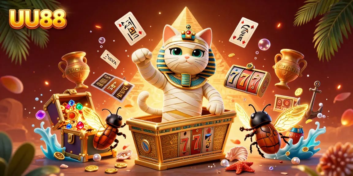 UU88 players engage with vibrant slot games in a dazzling pyramid casino scene.