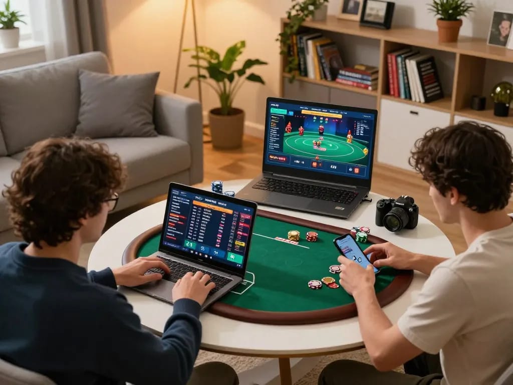 Players engaging in online gambling with gg88gs apps on laptops and phones, focusing on strategy and gameplay.