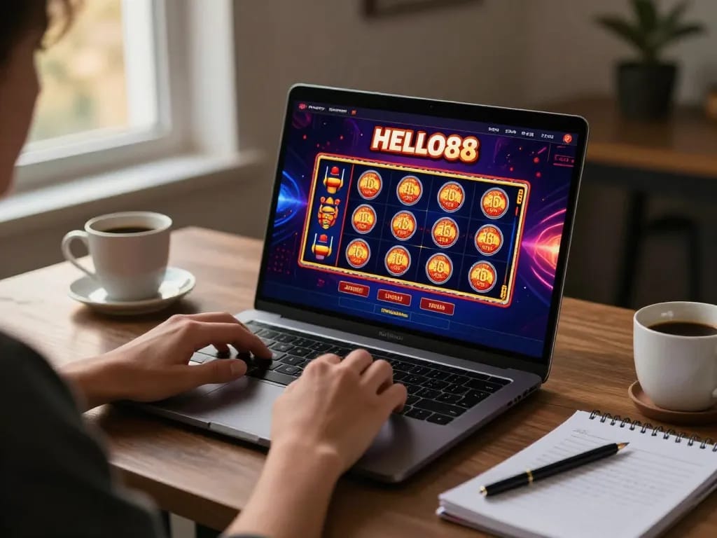 Player engaging at HELLO88 online casino, showcasing dynamic slot gameplay on laptop.