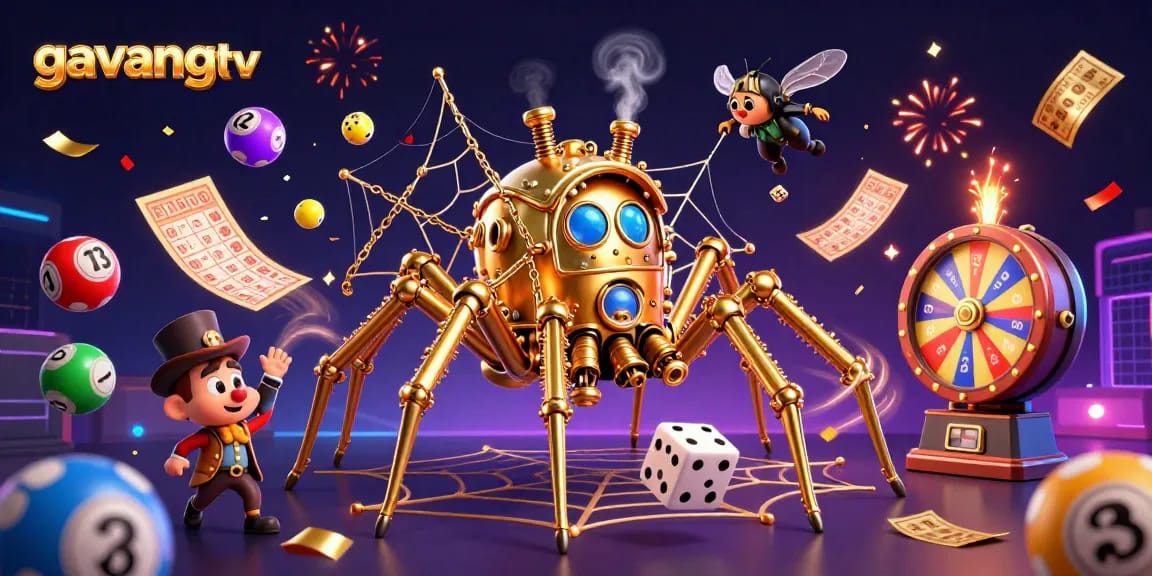 Experience the thrill of gavangtv with golden spider webbing lottery excitement in a steampunk scene.