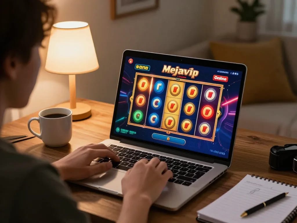 Keterlibatan dalam permainan slot online mejavip di pengaturan rumah yang nyaman, fokus pada gulungan yang berputar dan catatan strategi.