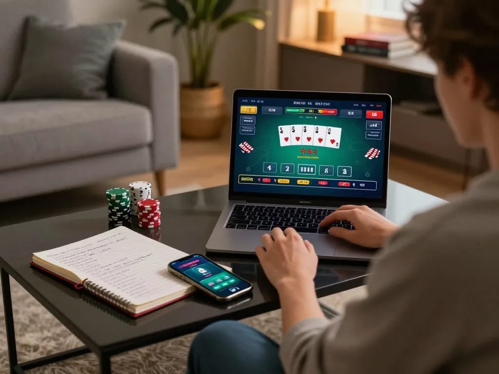 Sky88 online casino player engaged in poker game at home, highlighting strategic gameplay.