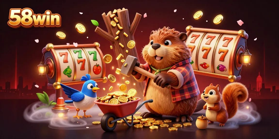 58win showcases a whimsical casino scene with a beaver and treasures, illustrating dynamic gaming elements.