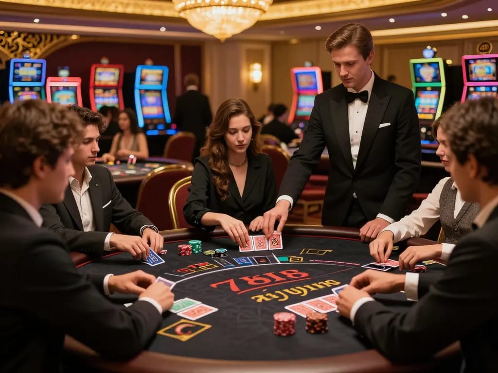 Casino 78win players engaged in intense blackjack game, focusing on cards and dealer.
