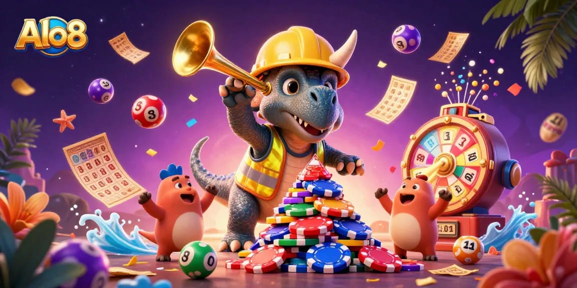 Alo8 engages players with a vibrant, festive scene featuring 3D dinosaurs celebrating winning moments in a casino.