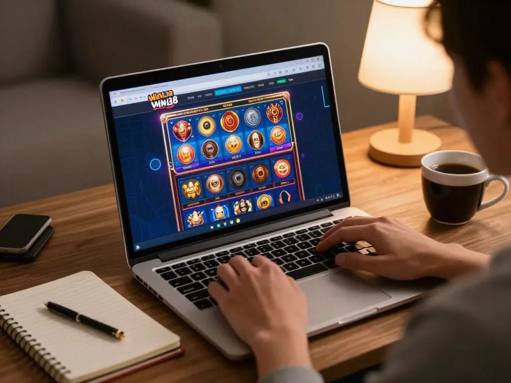Engaging with colorful Win138 online slots on a laptop in a cozy home setting.