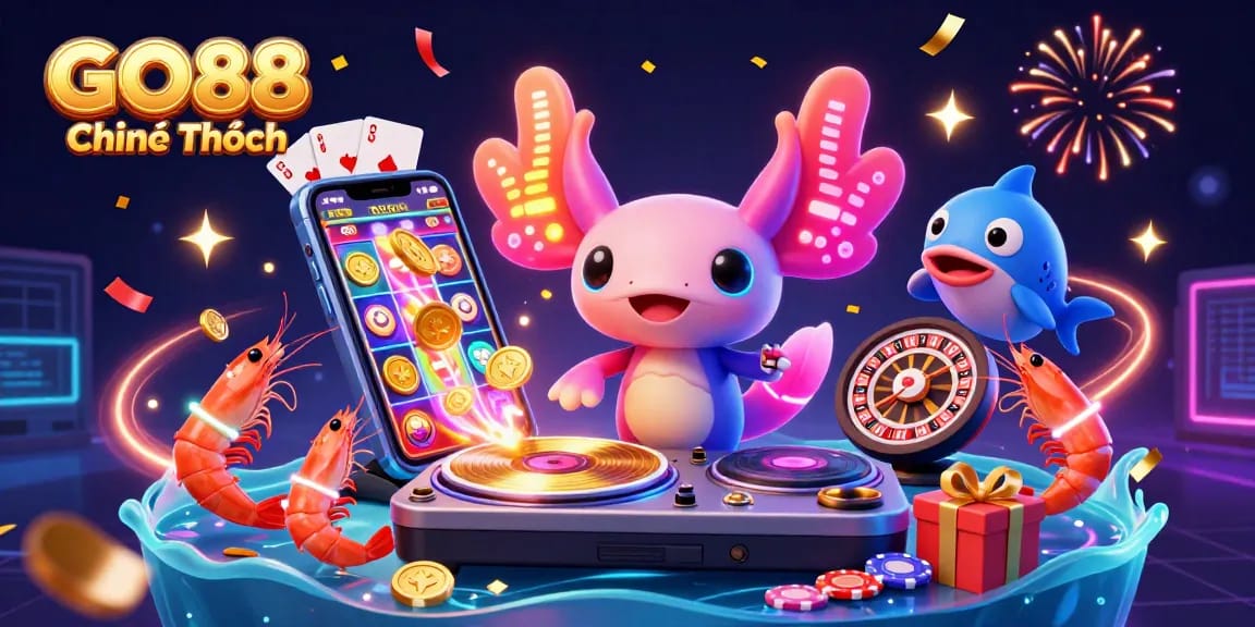 Experience GO88 Chính Thức with vibrant characters celebrating casino games, showcasing lively action and dynamic elements.