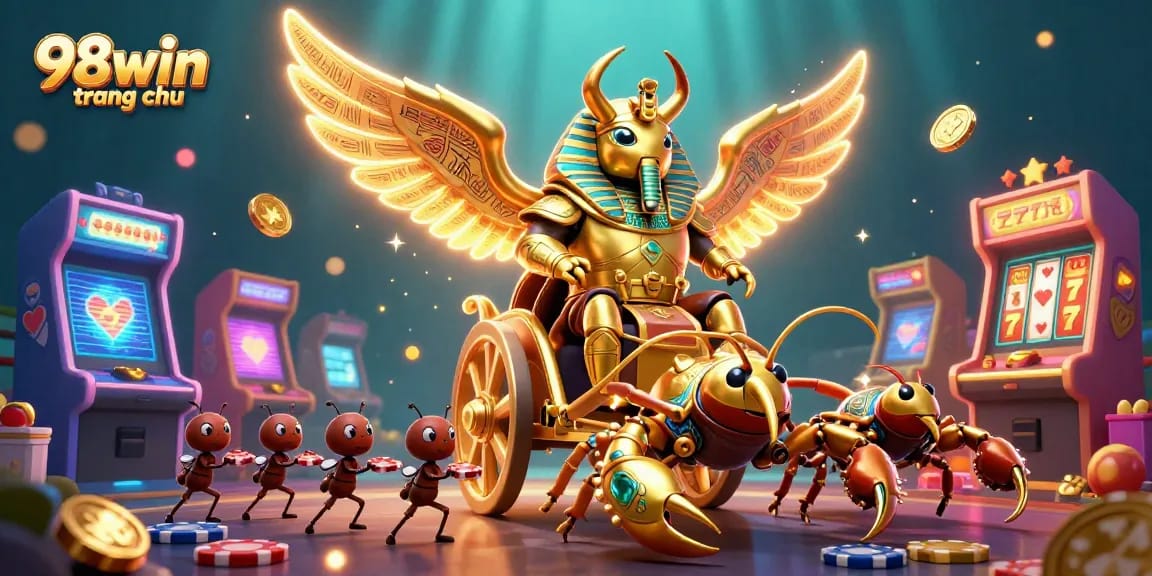 Experience the excitement of 98win trang chu with a golden scarab beetle leading a gambling adventure.
