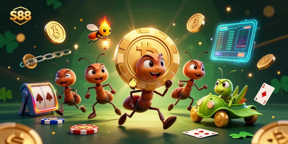 In the dynamic S88 scene, ants carry a giant poker chip amidst vibrant casino elements.