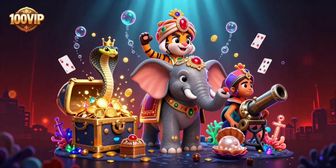 Engage in thrilling action at 100VIP with a vibrant 3D cartoon casino scene featuring ornate characters and exciting game elements.