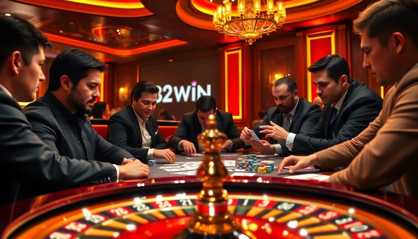 32WIN players enjoying an engaging poker game amidst a luxurious casino atmosphere.