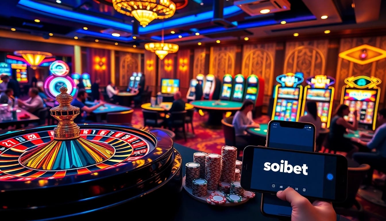 Engaging scene at a luxurious เว็บ soibet casino with vibrant gaming tables and online interfaces.