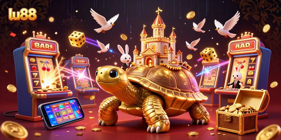 Experience the thrill of lu88 with a vibrant casino scene featuring golden coins, a rabbit dealer, and immersive game elements.