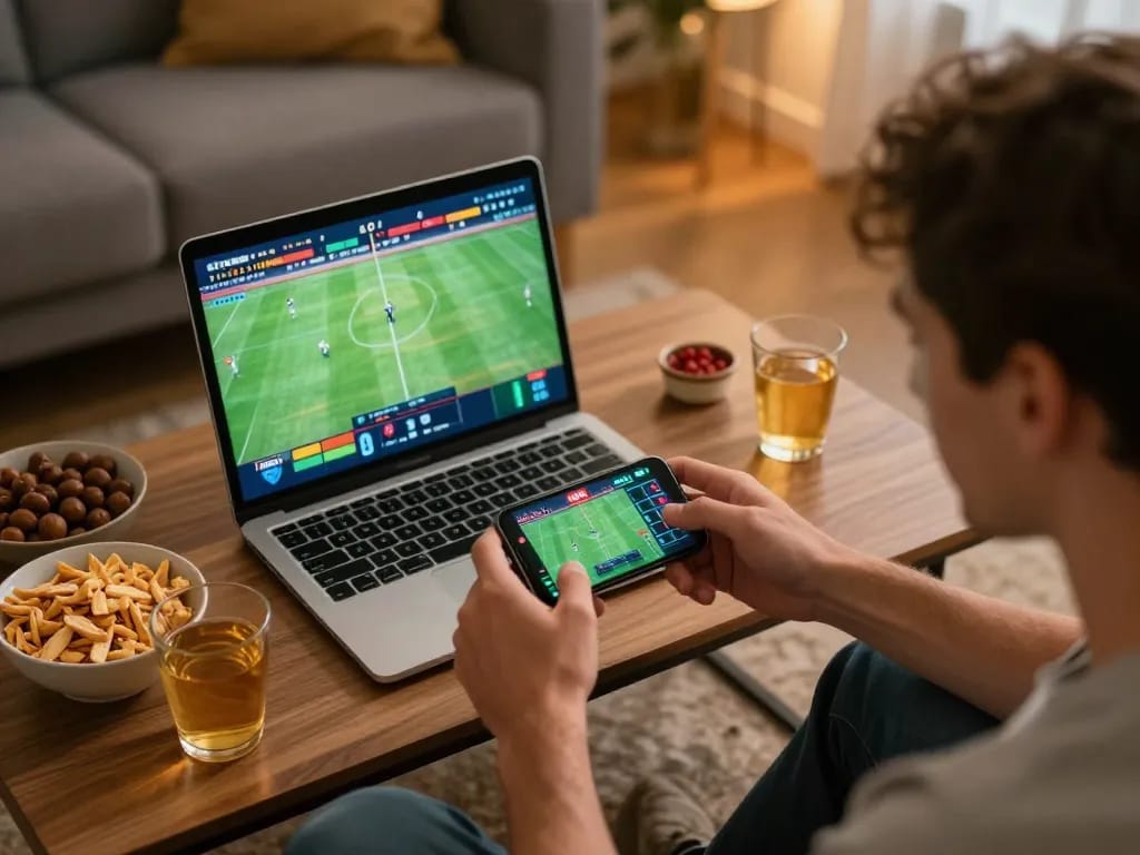 TIP88 user placing bets on smartphone during exhilarating sports betting session at home