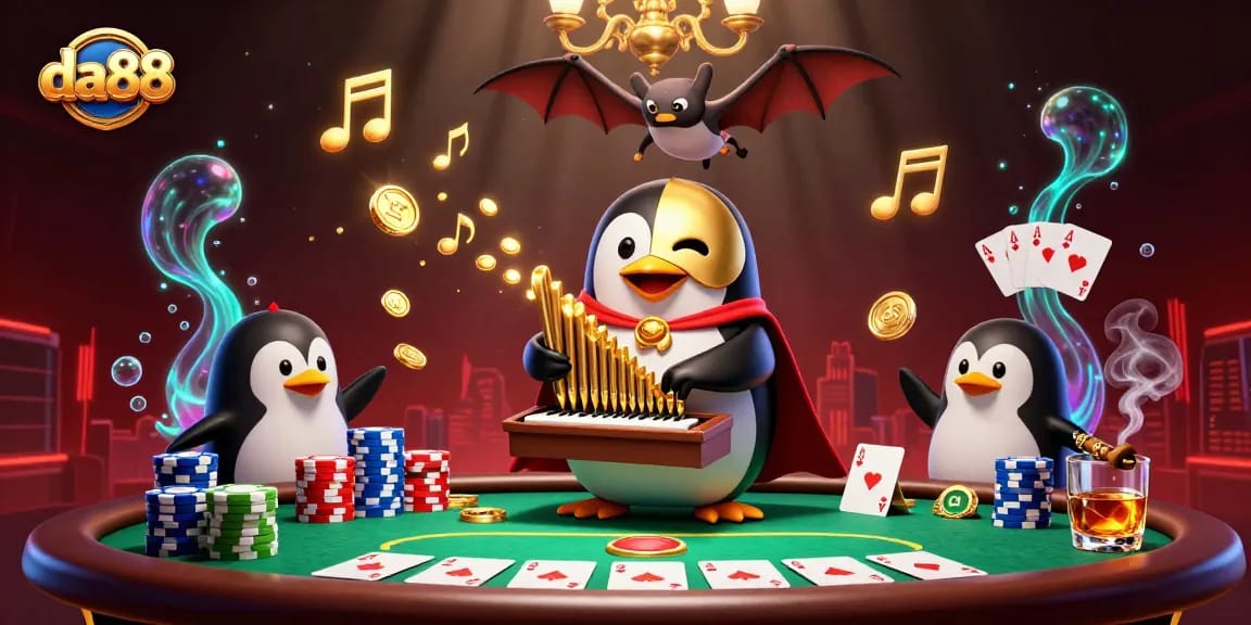 Experience thrilling gameplay at da88 with vibrant penguins, golden notes, and poker tables.