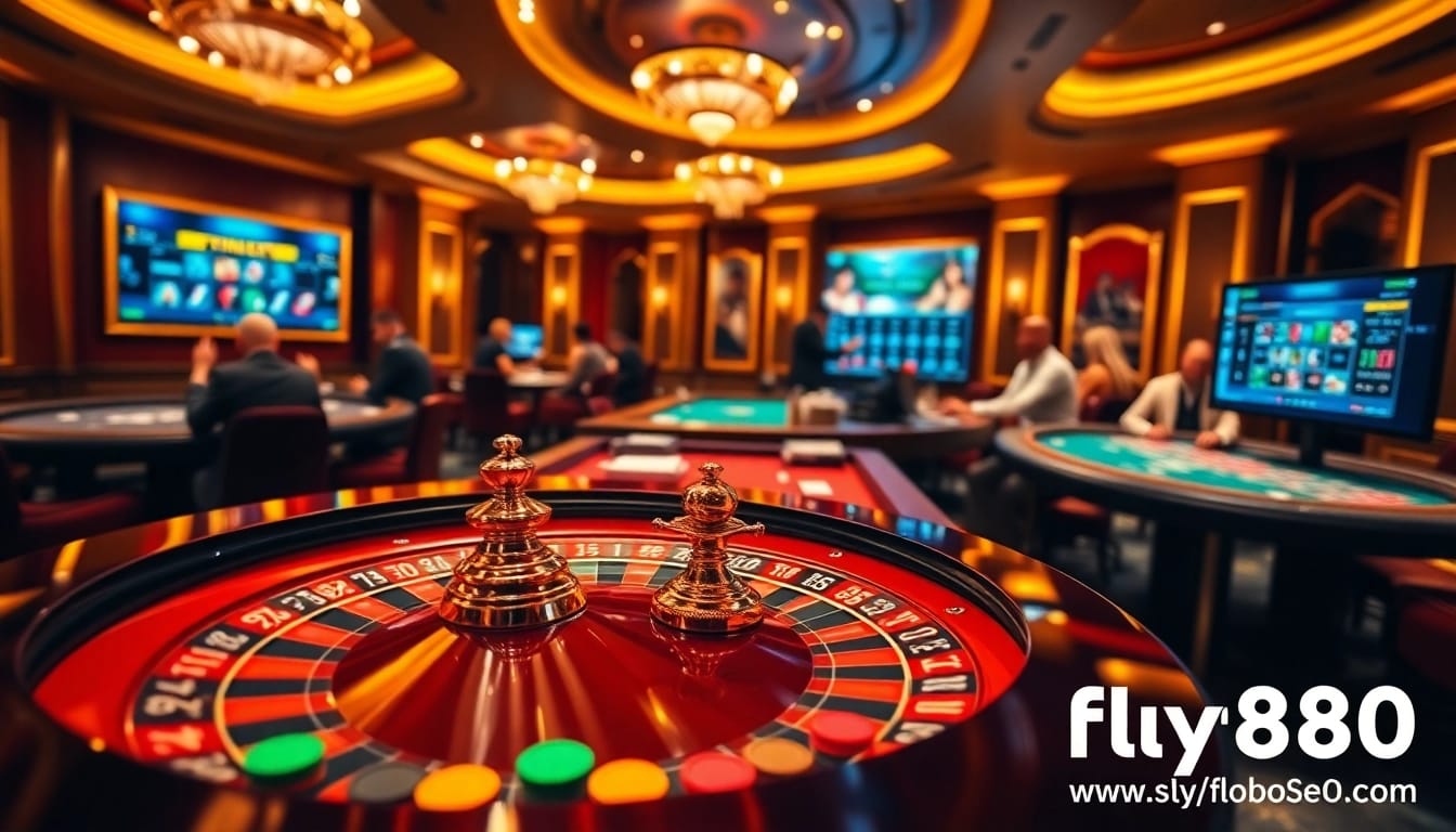 Engaging players at a casino table with roulette and cards, featuring https://fly88seo.com/ for enhanced gambling insights.