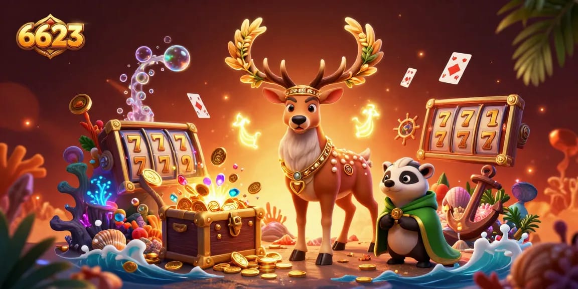 Engaging 6623 gambling scene with druid stag, badger, and casino elements.