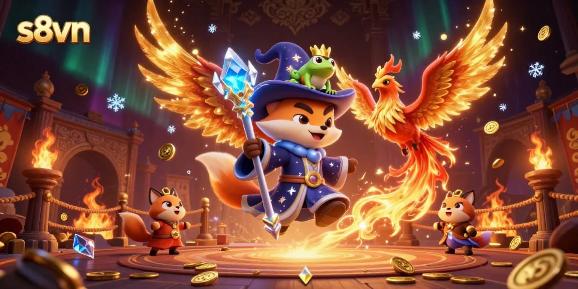 Experience the magical world of s8vn with a wizard fox and a phoenix in an enchanting casino scene.