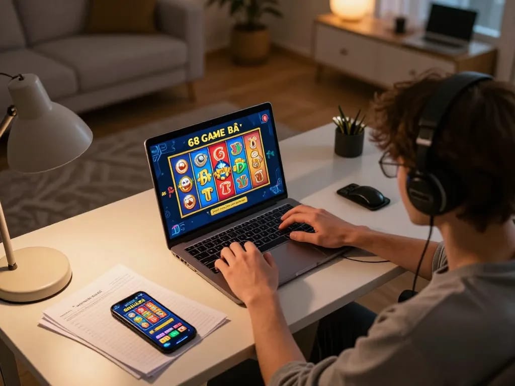 Engaged player enjoying 68 Game Bài on laptop at home, showcasing online gambling excitement.