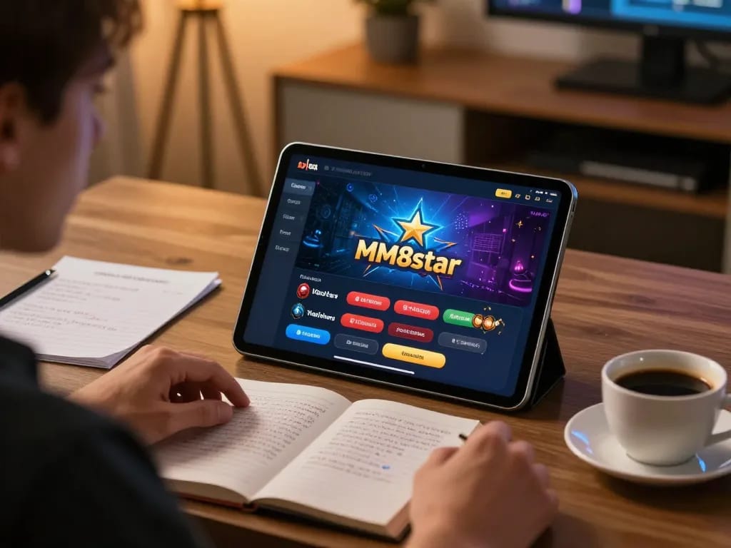 Player engaging with the MM88star app in a cozy home office, emphasizing strategic online gambling.