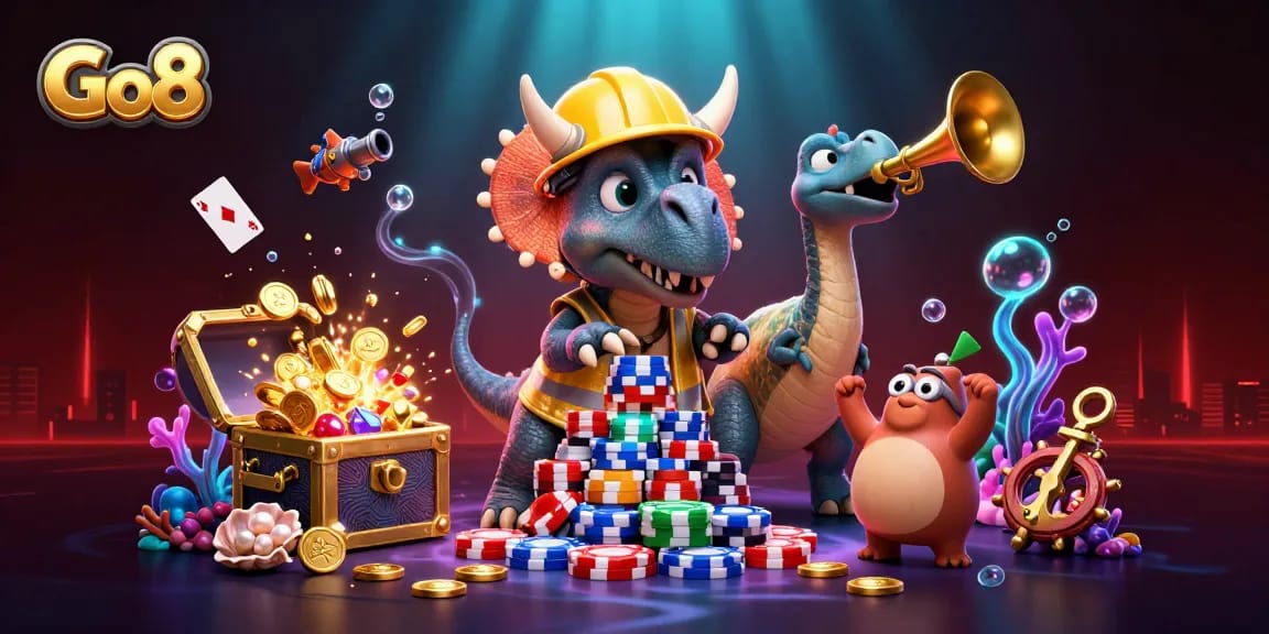 Go8 celebrates big wins with a lively scene of casino-themed characters and vibrant decorations.